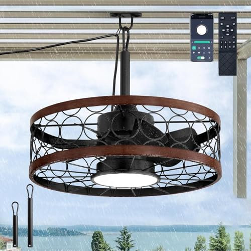 Deckenventilator mit Beleuchtung für außen IP65 Wasserdicht Ventilator Deckenleuchte mit Fernbedienung Leise 3 Farben Einstellbar Fan Deckenlampe Retro Käfig Fan mit Licht für Wohnzimmer Schlafzimmer