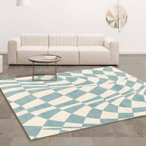 JGGXHM Art Stripes Twisted Geometric Carpet Blue Plaid Wohnzimmer Dekorative Teppiche Weiche Schlafzimmerteppiche Maschinenwaschbarer Teppich 80x120cm