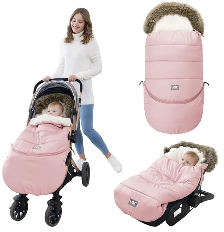 LAT Chancelières Universelle pour Poussettes, Chanceliere Poussette Hiver avec Section d'extension Amovible, Imperméable Hiver Couverture Cosy Bebe pour Landau, Buggy (Col en Fourrure, Rose)