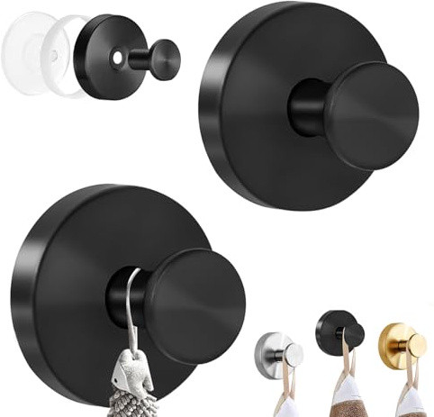 Suction Cup Hooks Waterproof, Suction Shower Hooks,No Drill Removable Traceless Stainless Steel Vacuum Reusable for Glass Doors,Tiles, Windows, 22lbs Max Weight, for Bathroom, Kitchen (2pcs-black)