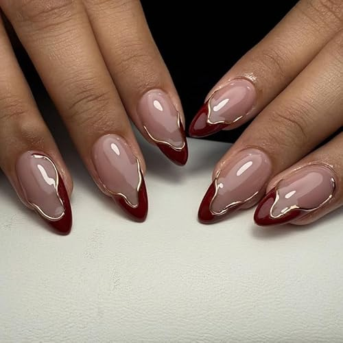24pcs French Tip False Nails Short Almond Press on Nails Burgundy Red Stick on Nail with 3D Gold Gilding Design Removable Glue on Acrylic Fake Nail Tips Accessories for Women