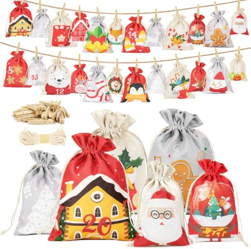 Inreeme Adventskalender zum Befüllen, 24 Stück Weihnachtskalender Stoff | Adventskalender Säckchen Selber Befüllen 2026, Wiederwendbare Weihnachtskalender Tüten Stoffbeutel für Kinder Mädchen Frauen