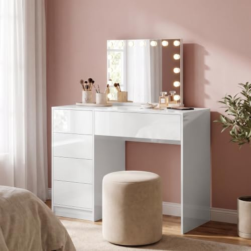 Bellamio Livny Schminktisch mit Hollywood Spiegel, 5 Schubladen, Weiß, USB | Kosmetiktisch mit LED-Glühbirnen, Beleuchtung mit 3 Farbstufen & Touch-Sensor, Frisiertisch, 110x80x53 cm, Make Up Tisch