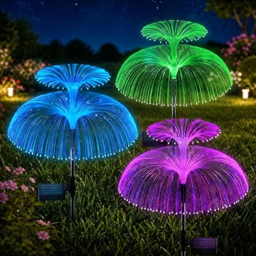 Beuaati Solarlampen für Außen Garten, 3 Stück Qualle Solarleuchten mit Farbigem LED Farbwechsel, IP65 Wasserdicht Solar Gartenstecker für Rasen Beleuchtung, Balkon, Terrasse, Hof & Fest Deko