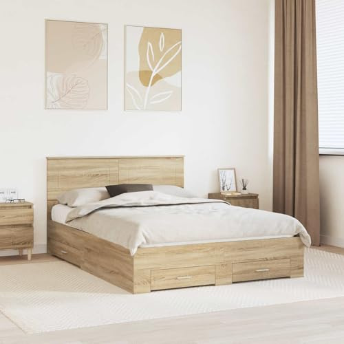 Kaloriko Bettrahmen Sonoma-Eiche 150x200 cm, Holzwerkstoff, mit Kopfteil, Stauraumschubladen, modernes Design, langlebiges Ehebett für Schlafzimmer