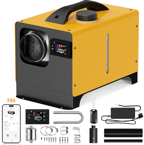 SOLAVERO Chauffage Diesel 5/8KW, 12V Réchauffeur d'air Diesel 0.16-0.45L/h, avec LCD, Commande Bluetooth et Télécommande, Contrôle Thermostatique Intelligent, aux Camping-Cars, Bateaux et Maisons