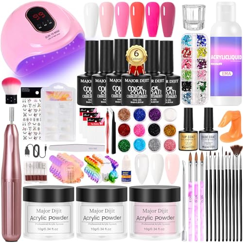 Major Dijit Acryl Nagel Set mit Nagelfräse – Komplettes Starter Set für Anfänger | Weiß & Pink & Klar Acrylpuder, 6 Gel Lacke, UV LED Lampe, Nail Art Dekorationen & Profi-Werkzeuge