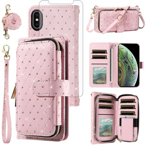 Phone Cover for iPhone Xs Max Wallet Case Cell Zipper and Tempered Glass Screen Protector Crossbody Lanyard Strap Card Holder Slot i X XR Xsmax 10x SX Xmax 10xs 10s 10 Plus Xmaxs Women Girls Pink