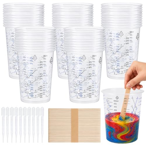 50Pieces Plastic Measuring Cups with Scale 600ml Resin Mixing Cups Paint