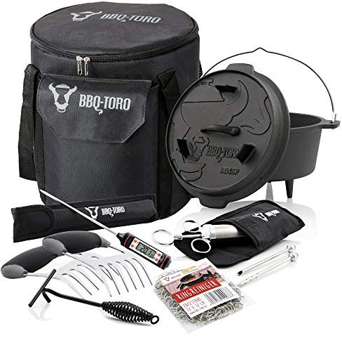 BBQ-TORO Dutch Oven Set 7 pièces | 4.5 QT Dutch Oven + Sac de Transport + thermomètre à Viande + lève-Couvercle + seringue à Mariner + Griffes à Viande + Nettoyeur de bagues