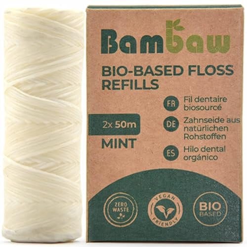 Öko Zahnseide Nachfüllpackung |Zahnseide Vegan | Zero Waste Zahnseide | Plastikfreier Spender | Zahnseide gewachst | Zahnseide nachhaltig | kompostierbare Zahnseide | Minzgeschmack | 2x50m | Bambaw