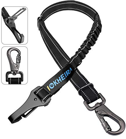 Dog Seat Belt 3-in-1 Car Harness for Dogs Adjustable Safety Seatbelt for Car Nylon Reflective Bungee Fabric Dog Car Harness with Clip Hook Latch & Buckle, Swivel Zinc Alloy Carabiner (Black)