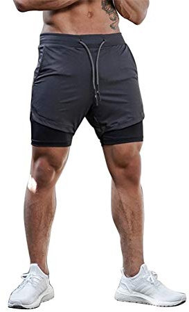 Loalirando Shorts de Sport Homme Doublé avec Poche pour Téléphone Portable Costume Fitness Gym à Séchage Rapide,M,Gris
