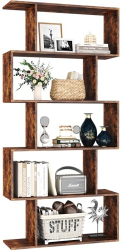 Yusong Bookshelf 5-Tier, Geometric Bookcase S Shaped Book Shelves for Bedroom, Modern Industrial Wood Decorative Display Shelf Book Case for Home Office, Rustic Brown