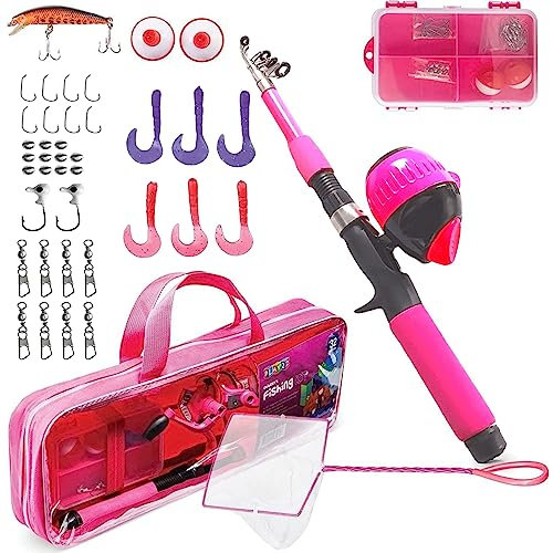 Play22 Angelrute für Kinder, Pink, 40 Stück, Set mit Angelruten und Spulenkombinationen – Jugendliche, inklusive Angelausrüstung, Angelzubehör, Angelköder, Netz, Tragetasche, komplette Angelausrüstung