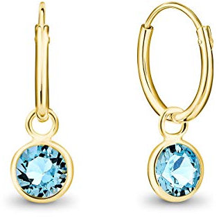 DTPsilver® KLEINE Creolen Ohrringe 925 Sterling Silber Gelb Vergoldet mit Swarovski® Elements Kristall Rund - Mädchen - Dicke 1.5 mm - Durchmesser 14 mm - Viele Farben erhältlich (Aquamarin)