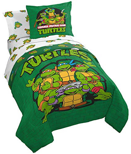 Nickelodeon Teenage Mutant Ninja Turtles Green Bricks 5 Piece Twin Bed Set - Includes Reversible Comforter & Sheet Set Bedding - Super Soft Fade Resistant Microfiber (Official Nickelodeon Product)