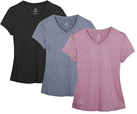 icyzone T-Shirts de Sport Femme à Manche Courtes Tops et Col en V Fitness Yoga Tee Shirt, Lot de 3 (S, Noire/Marine/Vieux Rose)