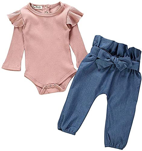 Juflam Neonato Baby Girl Outfits Vestiti Set Ruffle Manica Lunga Romper + Bow Denim Pants(70)