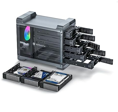 Yottamaster 5 Bay RAID Hard Drive Enclosure USB3.0 External HDD Enclosure for 2.5&3.5 SATA HDD/SSD with 80mm RGB Fan up to 90TB, Support RAID 0/1/3/5/10/Span/Clone/Normal - [DF5RU3]