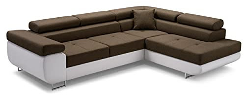 Ecksofa ANTONIA L-form Schlafsofa Wohnlandschaft Links/Rechts Couch, Bettkasten,Schlaffunktion, 3 verstellbaren Kopfstützen, viele Farbvarianten (Rechts, Sioux 1115 Lux 13 - Braun und Weiß)