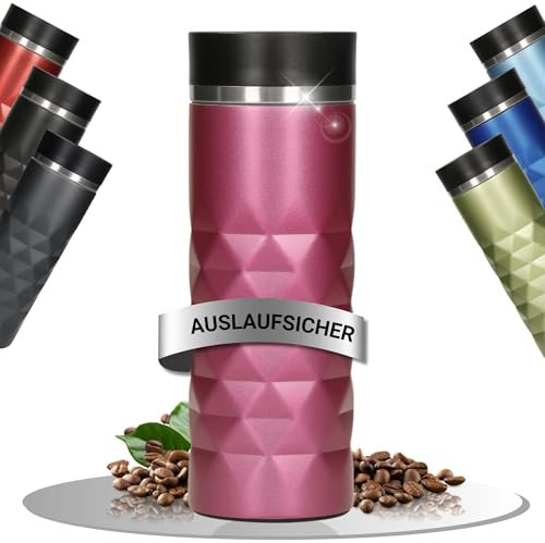 Elasto Premium Edelstahl Thermobecher mit Push-Button I 450 ml I auslaufsicherer Verschluss I heiß & kalt I BPA-frei I Thermo Kaffeebecher to go Diamond I matt glitzernd I Fuchsia Pink