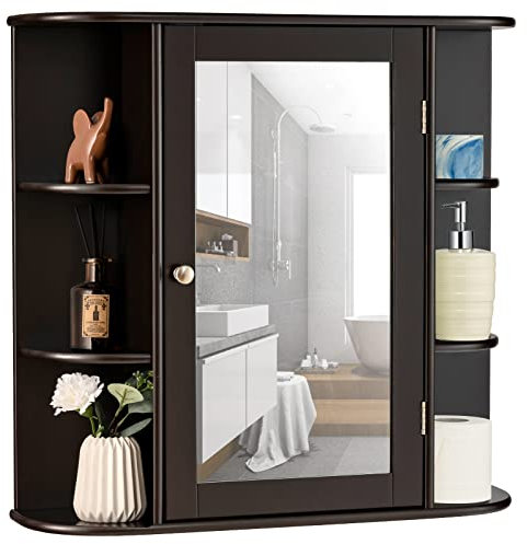 GOPLUS Spiegelschrank Holz mit Ablagen, Badschrank mit Spiegel, Hängeschrank Wandschrank Bad, 66 x 63 x 16,5 cm(Braun)
