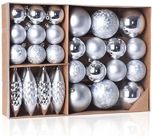 com-four® 31-teiliges Set Hängedeko Weihnachten - Christbaumkugeln und Tannenbaumzapfen aus bruchsicherem Kunststoff für Weihnachten - Christbaumschmuck (silberfarben - 31-teilig)