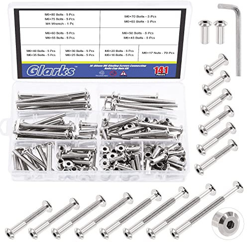 Glarks 141Pcs M6 Hex Drive Socket Head Cap Bolts Assortment Kit, 140Pcs 14 Sizes Nickel-Plated Socket Cap Screws Barrel Nuts with 1Pc M4 Hex Wrench for Baby Crib Bed Furniture Repair