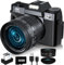 VJIANGER - Cámara digital actualizada para fotografía y cámara de vlogging para YouTube con WiFi, visualización abatible de 180°, zoom digital de 16X, lente de 52 mm, 2 baterías, tarjeta micro SD de