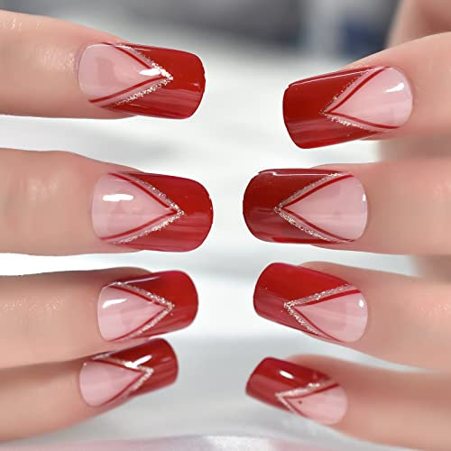 Red Gold Glitter V-Shape Press On Nails Medium Square Acrylic Full Cover Salon DIY False Nails 24 pcs/kit