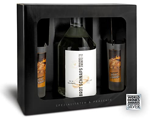 Brauerei Zwönitz Erzgebirgischer Brotschnaps Geschenkset/Alkohol Geschenk Set aus Brotschnaps 0,5l und zwei passenden Shotgläser 4cl / Originelles Alkohol Geschenkset