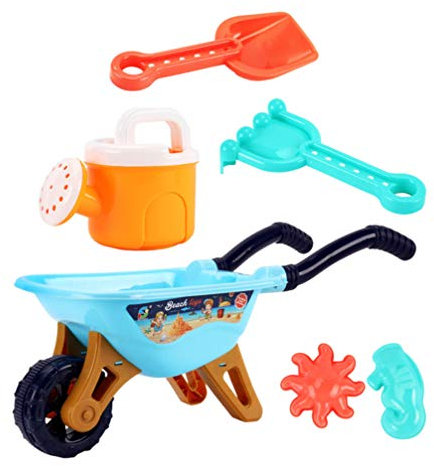 Toddler Beach Playing Set 6Pcs Kids Wheelbarrow Beach Water Can Sand Rake Kids Sand Molds Outdoor Toys Set for Boys Girls Kid Yard Rover Toy