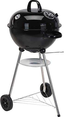 Round Kettle Charcoal Barbecue with Lid, Wheels, Adjustable Vent & Integrated Thermometer - Outdoor Garden Patio Large Steel BBQ Grill