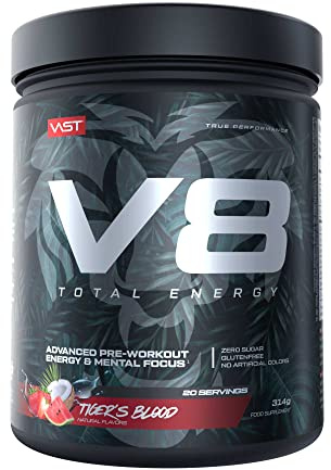V8 Total Energy – Pre Workout Booster – Trainingsbooster – CarnoSyn®, BetaPower®, natürliches Koffein – Vegan – Zuckerfrei – 20 Portionen – Limited Edition – Tiger's Blood