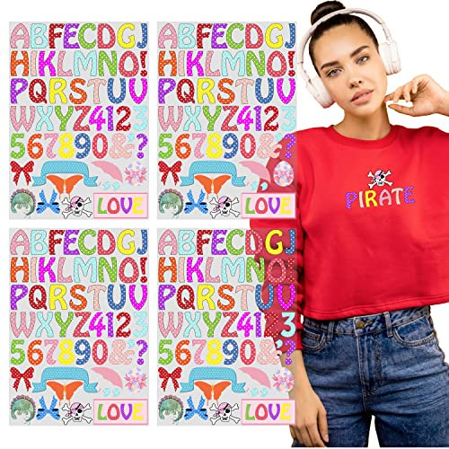Yiootop 204 Stück 3,8 cm Bügelbilder Buchstaben und Zahlen Alphabete Stoff Vinyl Buchstaben DIY für Sport Trikots T-Shirts Kleidung Slogan Druck Handwerk Dekoration (4 Blatt pro Set) (Farbe Mix)