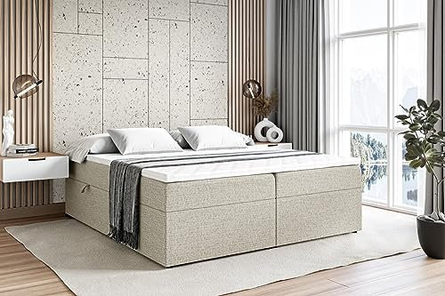 ALTDECOR Boxspringbett mit Matratze und Lattenrost, Boxbett, Topper, Polsterbett mit Bettkasten, Bett mit Stauraum H3-Matratze, Doppelbett, Springboxbett - Marce-BW - 160x200 - Beige Inari 22