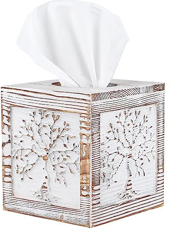 Ukwell Taschentuchbox aus Holz, geschnitzt, quadratisch, weiß gekalkt, Baum des Lebens, rustikale Vintage-Heimdekoration für Badezimmer, Schlafzimmer, Wohnzimmer