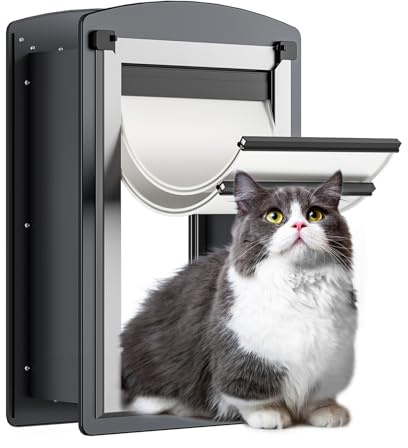 FreeStanding Puerta de Gato para Pared, Puertas de Gato con Marco de Acero con túnel telescópico, Solapas Dobles magnéticas y 2 Paneles de Bloqueo de Seguridad, Puerta de Gato para Pared Interior y