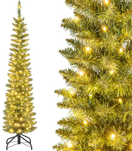 COSTWAY Albero di Natale Slim da 150/180/210 CM, Albero di Natale Artificiale con 150/180/200 Luci LED Bianche Calde, 296/390/499 Punte di Ramo e Supporto Pieghevole in Metallo (150 cm)