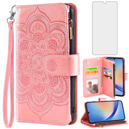 Asuwish Coque pour Samsung Galaxy A34 5G Portefeuille avec Verre Trempé et Porte Carte Chaine Cuir à Clapet Mandala Étui Housse Support Galaxie A 34 G5 34A S34 A345G A346B Téléphone Case Femme Rose