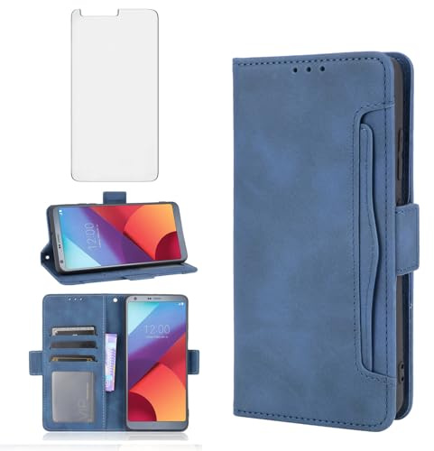 Asuwish Handyhülle für LG G6 Hülle mit Glas Folie Schutzfolie Kartenfach Klappbar Leder Geldbörse Ständer Handyhüllen Panzerfolie LG6 G 6 ThinQ H870 Handy Hüllen Schutzhülle Cover Phone Case Blau