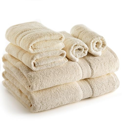 Sweet Needle Lot de 6 Serviettes – 2 Serviettes de Bain, 2 essuie-Mains et 2 Gants de Toilette en Coton, Usage Quotidien, qualité hôtelière, Doux, très Absorbant, séchage Rapide, léger (Crème)