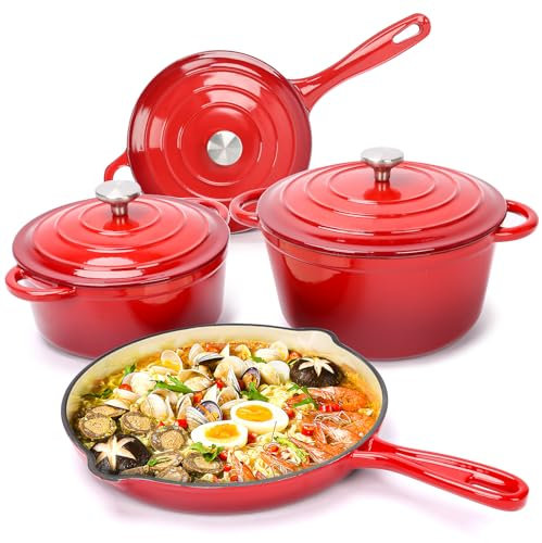 Denmay Enamelled Cast Iron Cookware Set - 7 Piece Dutch Ovens, Pot, Pan, 3 Lid, Dutch Oven Set Baking Bread, Ceramic Non-Stick Coating, Gas/Induction/Oven Compatible Red