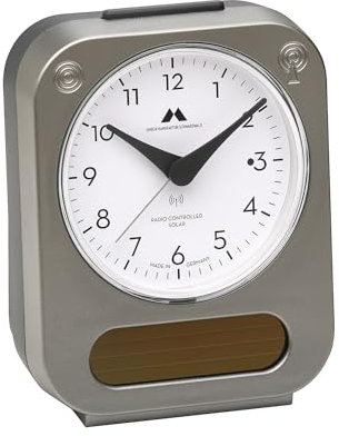Uhren Manufaktur Schwarzwald Funk-Solar-Wecker, längere Laufzeit, leises Uhrwerk, einfache Bedienung, made in Germany, Farbe:Metallic/Titan