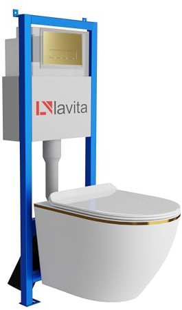 Lavita LAV 101 Elemento de pared para inodoro de 40 cm + pared colgante profundo inodoro SOFI SLIM Gold Line sin borde + placa de control LAV 200.3.5 oro | juego completo | cisterna empotrada |