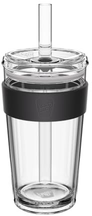 KeepCup Cold Cup - Longplay Double Wall Glass Ice Coffee Tumbler with Lid and Straw - 16oz (454ml) - Black