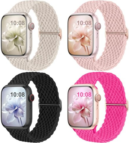 Jiamus 4 Stück Geflochtenes Armband Kompatibel mit Apple Watch Armband 38mm 40mm 41mm 42mm(series 10) Herren Damen,Elastisch Solo Loop Armband für iWatch SE Ultra Series10 9 8 7 6 5 4 3 2 1