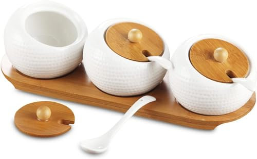 Ensemble de pots à épices en porcelaine avec couvercle en bambou et support spot, cuillère de service en céramique, pots à épices pour sucre, sel, poivre, boîte d'assaisonnement blanche pour votre