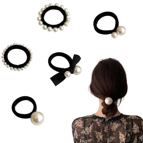 Perlen Haargummis, 5 Stück Elastische Haarbänder Haarschmuck, Perlen Pferdeschwanz Halter Bunt Haargummi für Damen Mädchen (Schwarz- 5 stück)